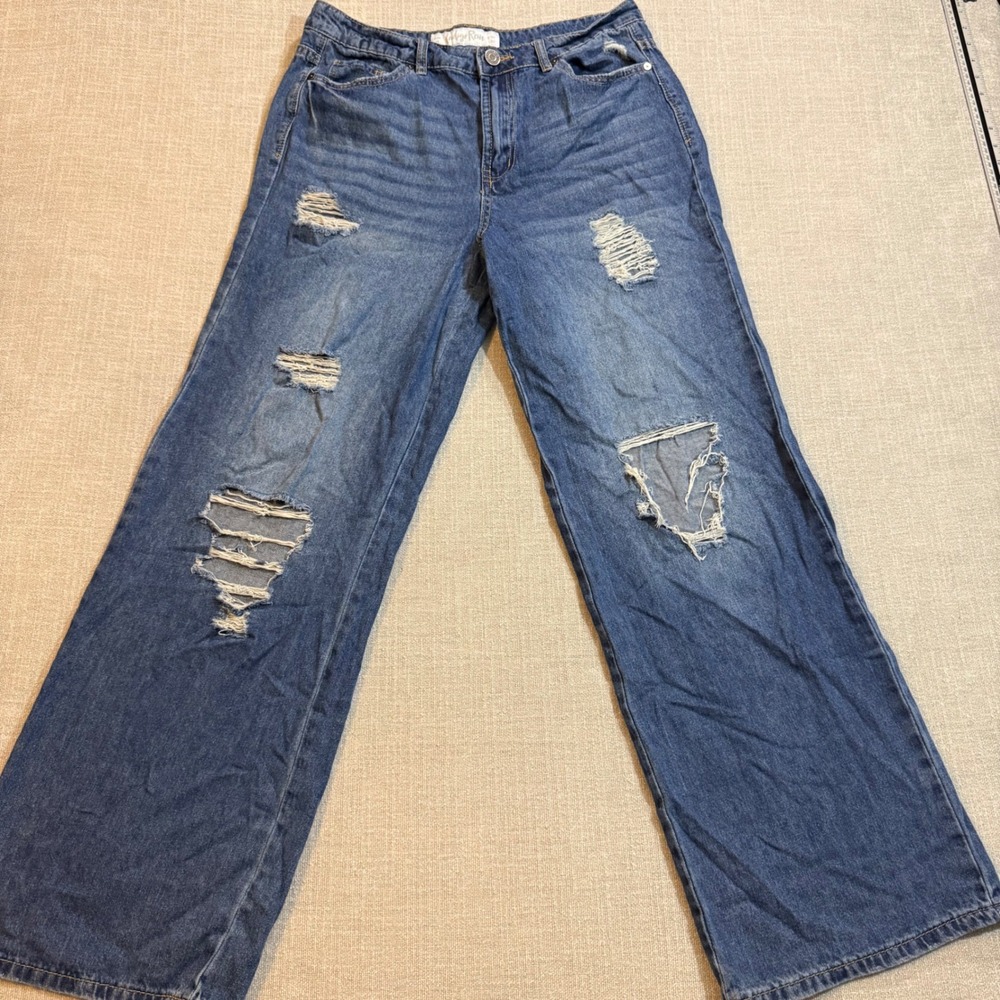 Indigo Rein Distressed Wide Leg Jeans Size 13 Blue Denim High Rise Ripped Y2K